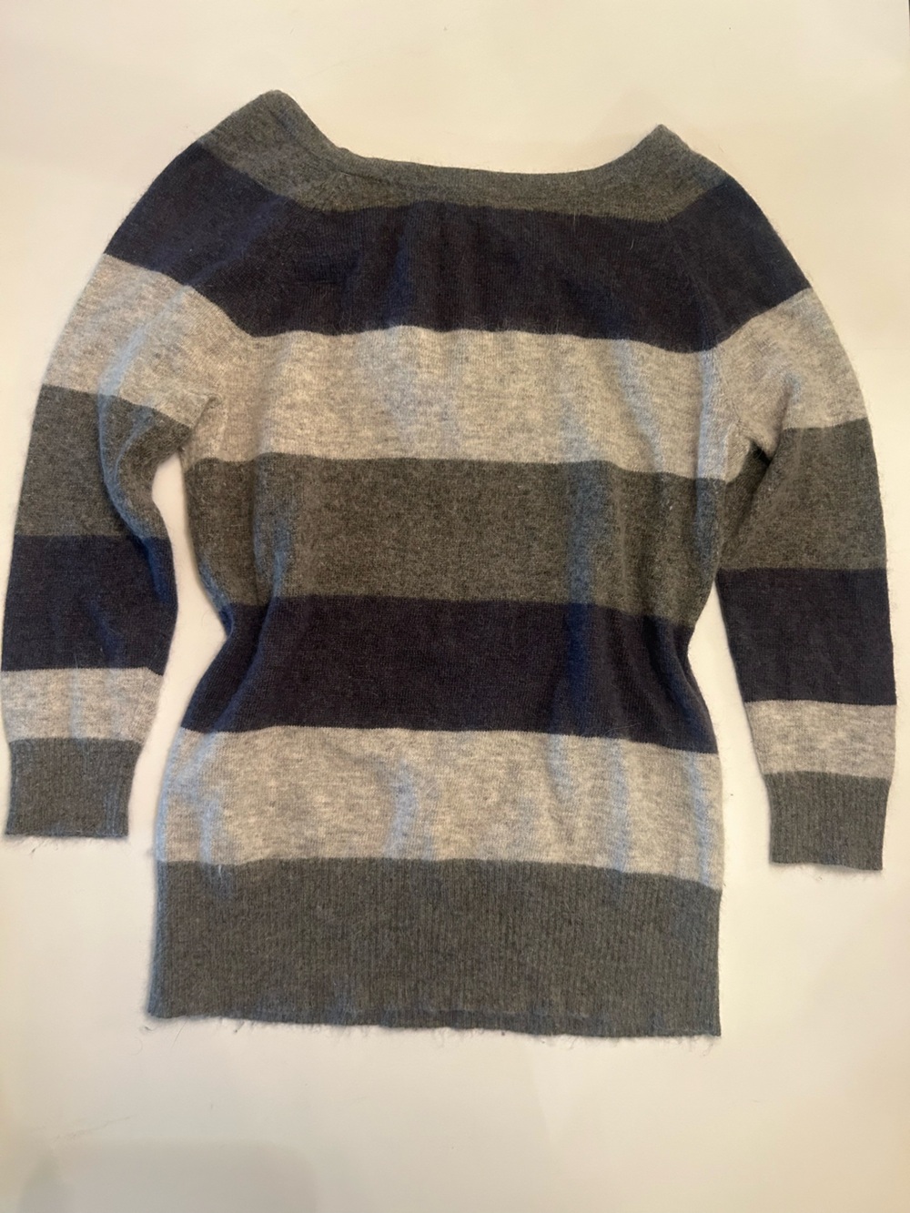 Kenar Women’s Angora Crewneck Sweater in Gray & Navy Stripes